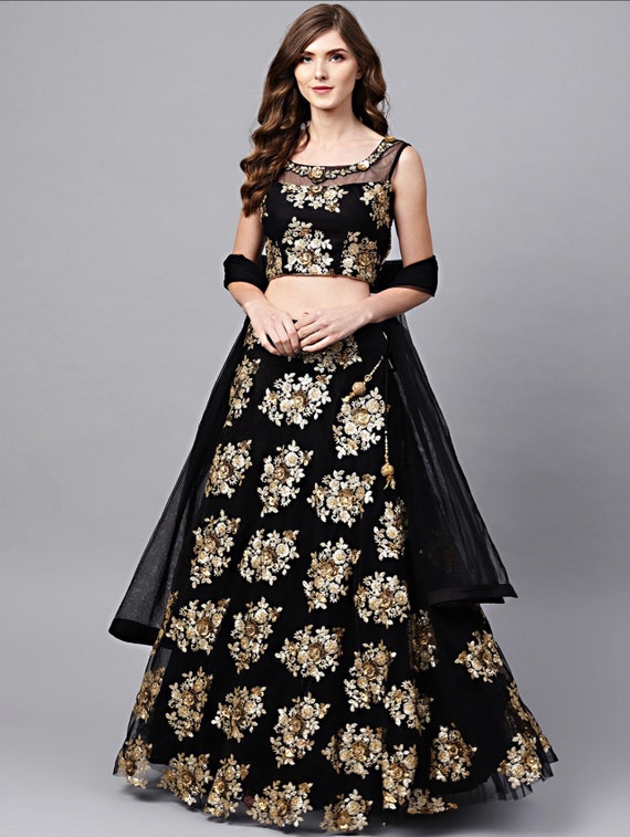 Black Floral Golden Sequins Work Net Fabric Party Wear Lehenga Choli /designer lehenga