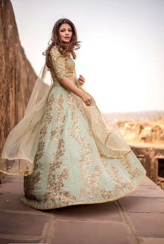 Pista Green Glittery Zari Embroidered Net Wedding Wear Mehndi Lehenga choli