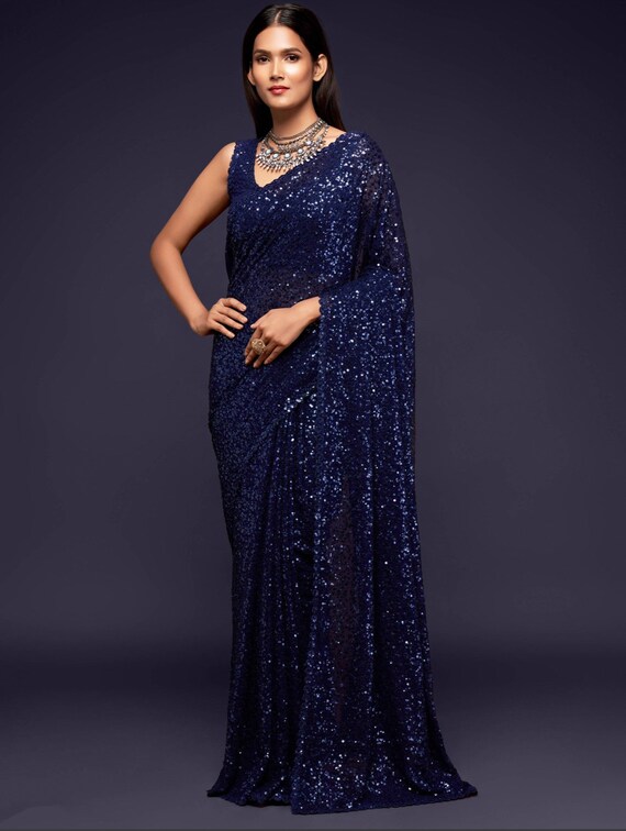 Navy Blue Sequined Georgette Party Wear Saree With Unstitched Blouse