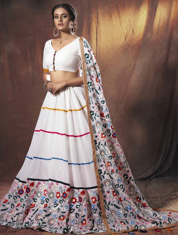 White Georgette thread work Lehenga choli for women bollywood designer indian women wear mehendi/haldi outfit