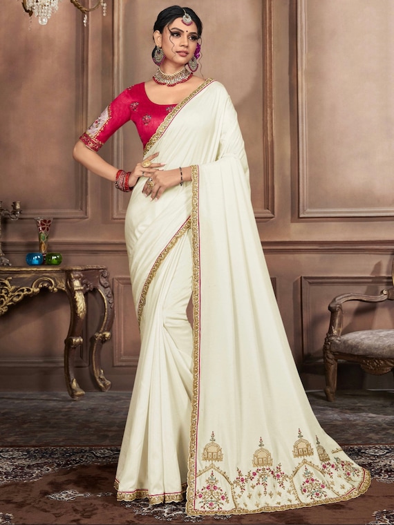 Off White /green/ yellow/ red Embroidered Silk Wedding Wear Saree With Blouse
