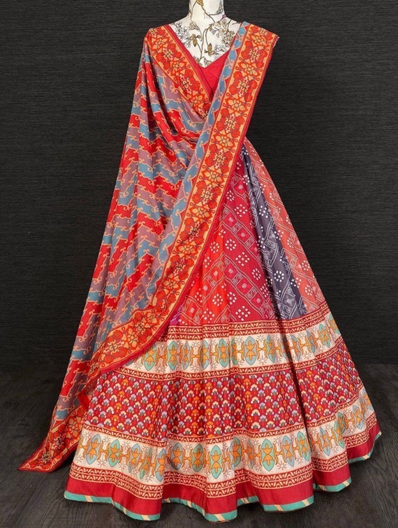 Simple Red Color Digital Printed Silk Festive Lehenga Choli