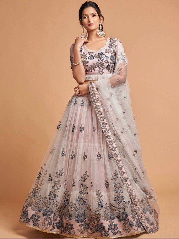 Grey Zari Embroidered Net Party Wear Lehenga Choli