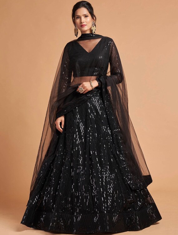 Stunning Black sequin Thread Embroidered Net Party Wear Lehenga Choli