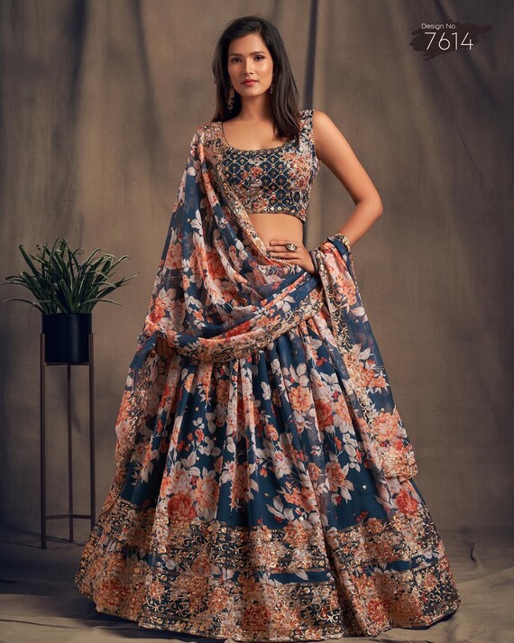 Winning Dove Blue Zari Embroidery Organza Occasional Wear Lehenga Choli