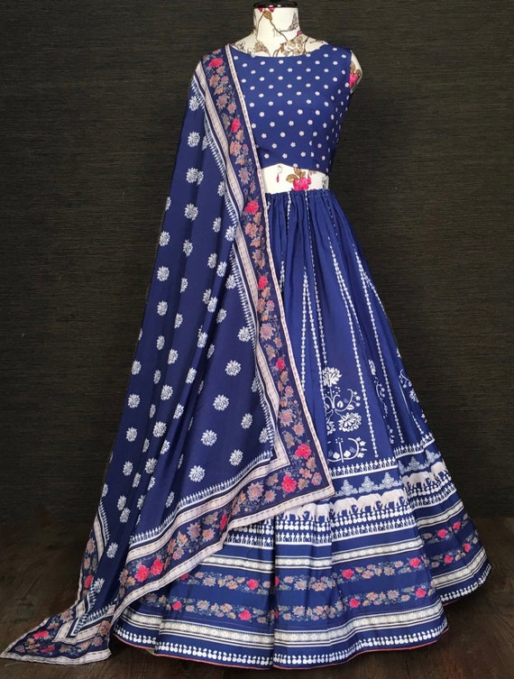 Royal Blue Floral Printed Silk Festival Wear Lehenga Choli