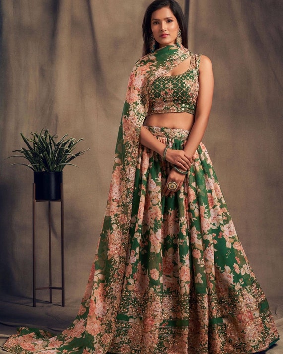 Green Zari Embroidery Organza Occasional Wear Semi Stitched Lehenga Choli