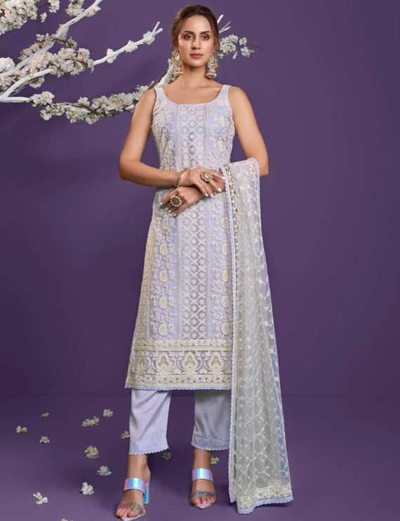 Lavender Lucknowi Work Net Party Wear Straight Salwar Suit