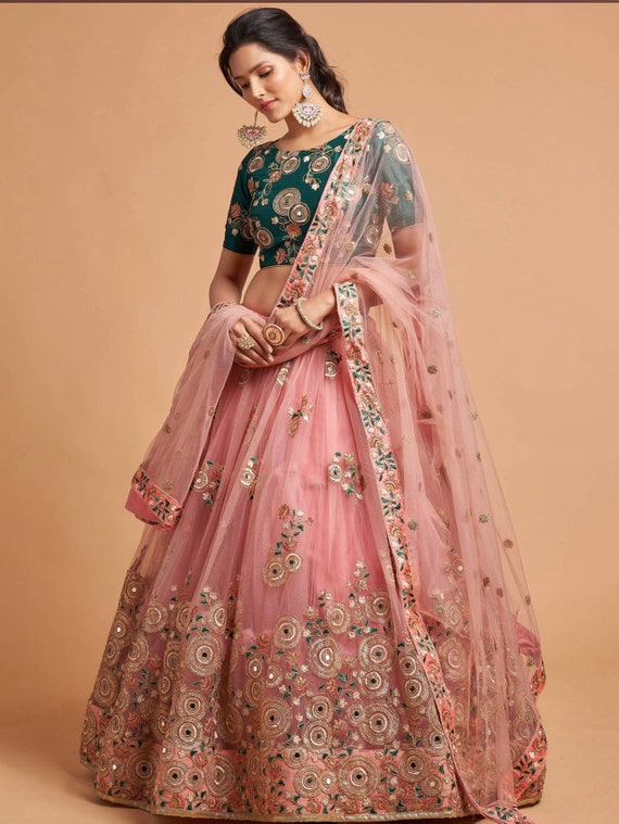 Peach Thread Embroidered Net Party Wear Lehenga Choli