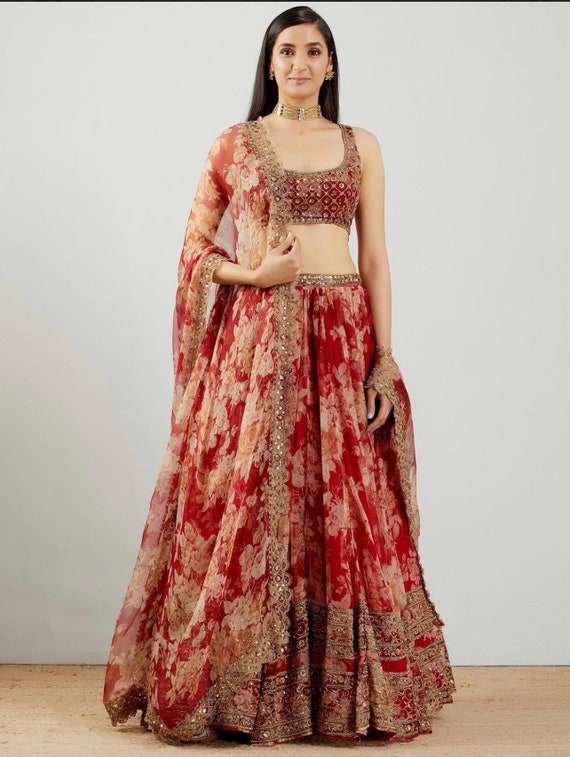 Red Floral Printed Georgette Wedding Wear Lehenga Choli
