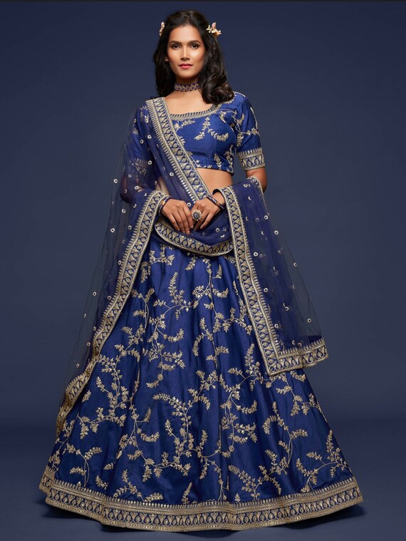 Sabyasachi designer lehenga choli-wedding -mehndi-bridesmaids-Charming Blue Thread Embroidered Silk Wedding Wear Lehenga Choli