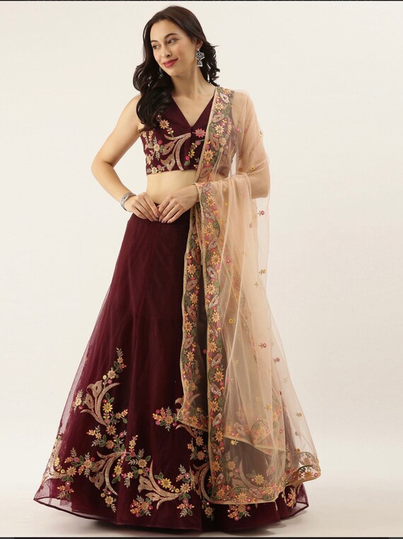 Burgundy & Cream-Coloured or navy blue Embroidered ready to wear Lehenga Blouse with Dupatta