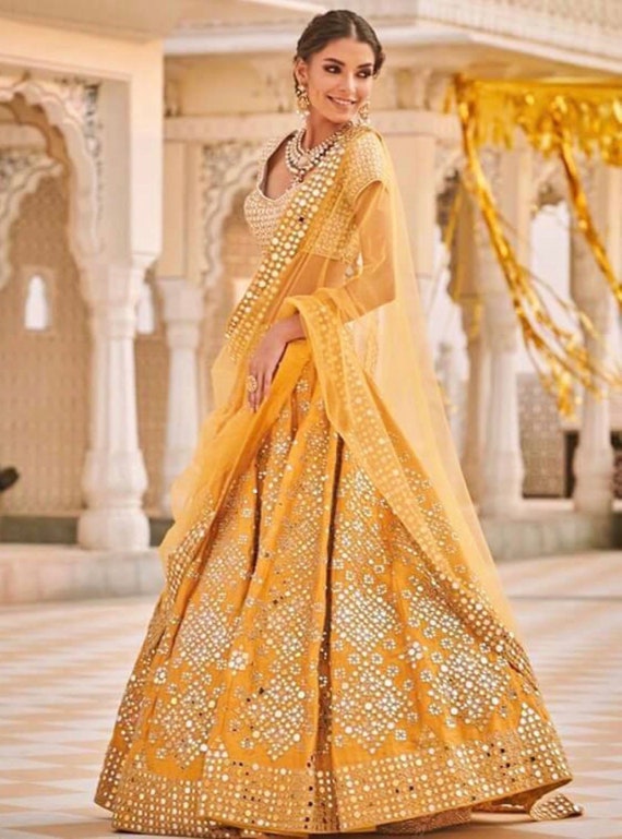 Designer yellow foil mirrow work organza Wedding/bride/bridesmaids lehnga choli blouse set indian traditional women wear for mehendi