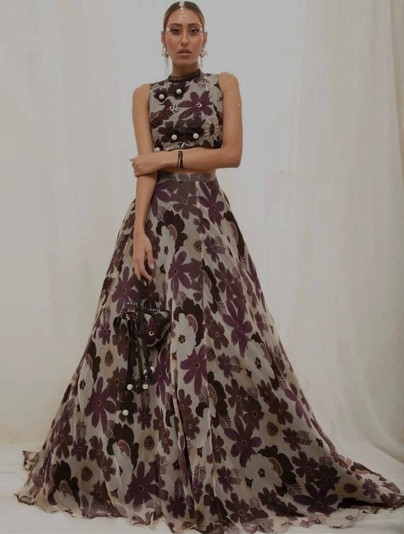 Grey Digital Printed Georgette Party Wear Crop Top Lehenga