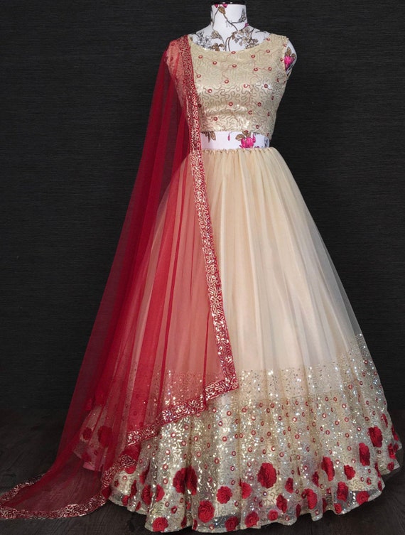 Designer Cream Sequins Net Wedding Lehenga Choli
