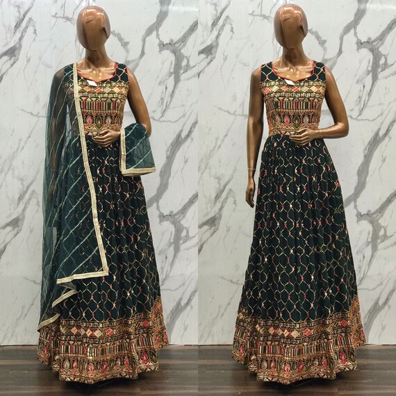 Green anarkali style long gown Heavy Embroidered Net Party Wear Style Gown