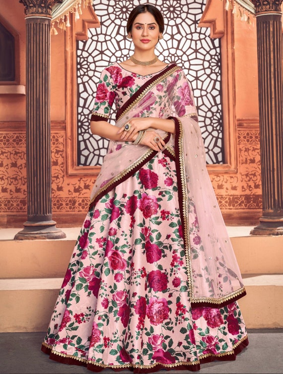 Peach Floral Printed Taffeta Silk Wedding Wear Lehenga Choli