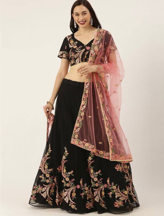 Black Floral Embroidery Net Party Wear Lehenga Choli