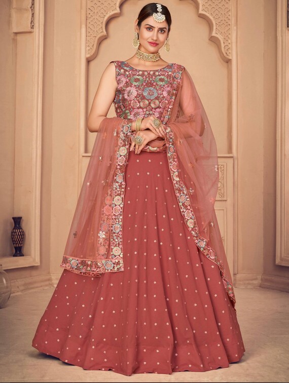 Orange Floral Embroidered Georgette Festive Wear Lehenga Choli