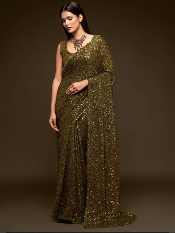 Olive Green Fully Sequined Georgette Party Wear Saree