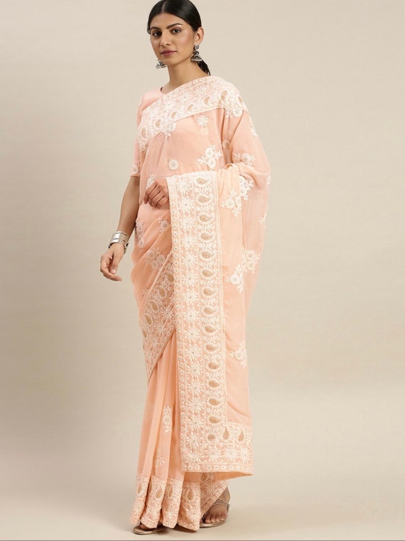 Sabyasachi Peach white Poly Georgette Embroidered Saree