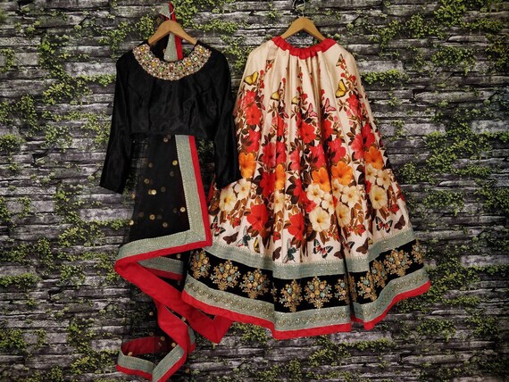 Indian wedding dress, latest fashion elegant embroidery black red flower floral design lehnga choli dress, bollywood dress