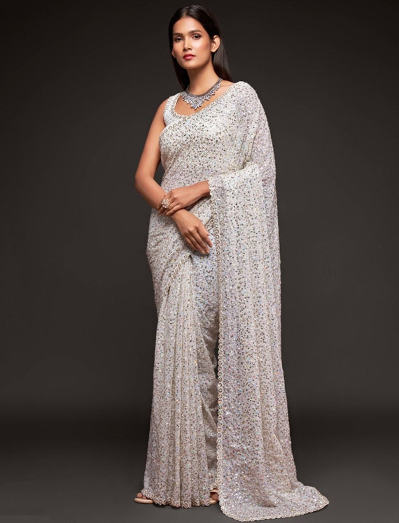 Pearl White Fully Sequined Georgette Party Wear Saree