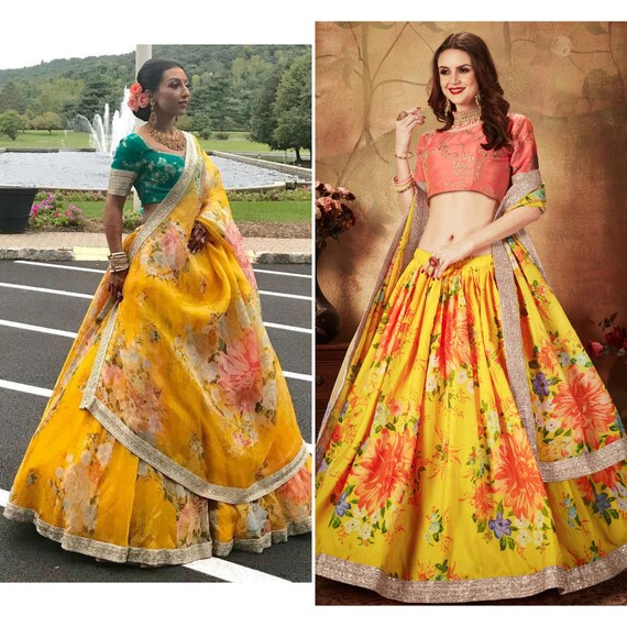 Sabyasachi Yellow-Peach Floral Digital Printed Organza Mehendi Lehenga Choli for women