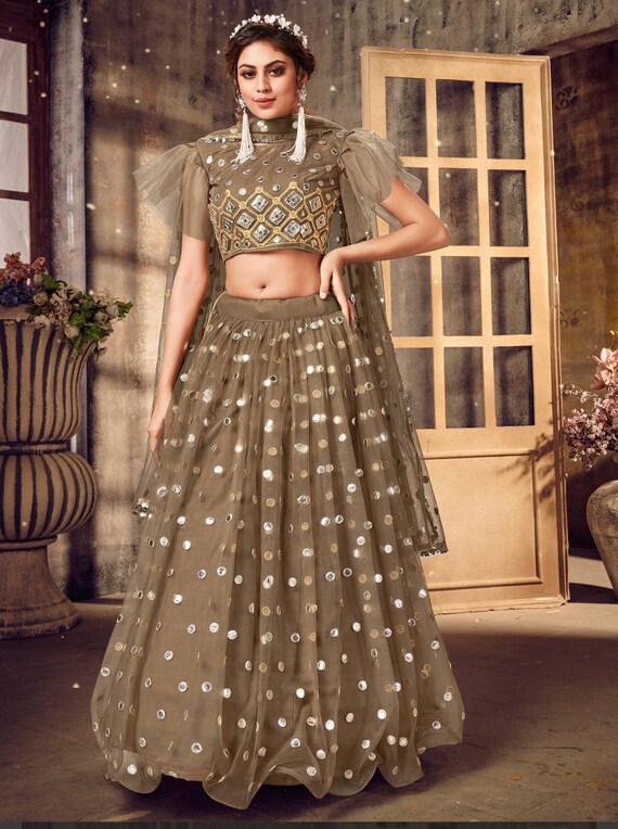 Brown golden silver Sequins soft Net Party Wear wedding Lehenga Choli indian wear for women