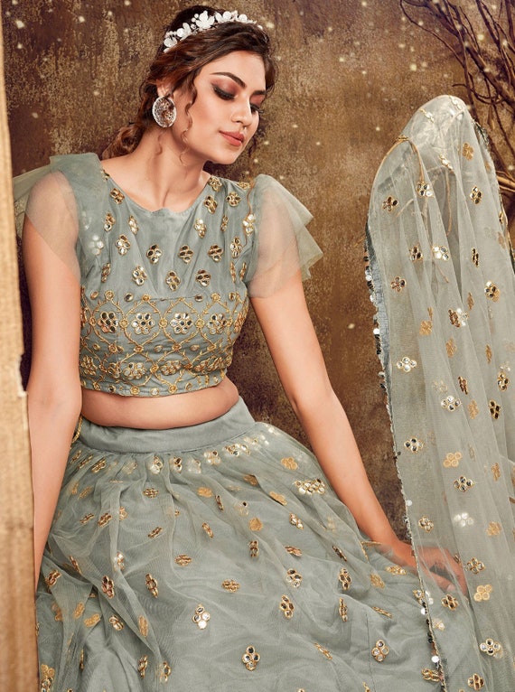 Grey Sequins soft Net Party Wear wedding Lehenga Choli indian wear for women