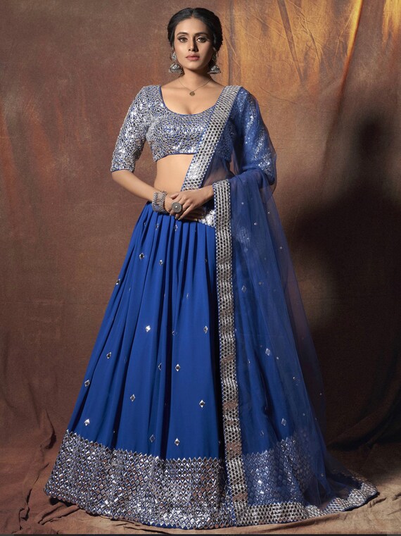 Royal blue Georgette paper mirror work Lehenga choli for women bollywood designer indian women wear mehendi/haldi outfit