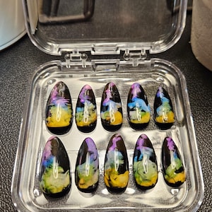 Black Press On Nails with Colorful Smoke Effect – Vibrant Smoky Nail Art, Handmade Multicolored Abstract Nails