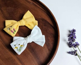 Cotton Lavender Yellow Bow, Hair Bow, Lavender Bow, Bee Bow, Echinacea Bow