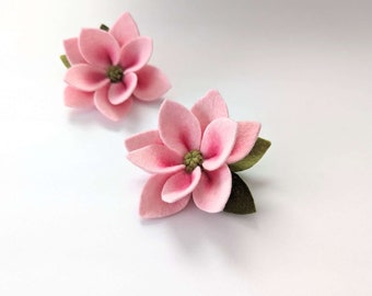 Felt handmade Pink magnolia flower hair toddler girl hair clip