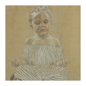 May include: A young person with their eyes closed, sitting with their legs crossed, wearing a white and brown striped off-the-shoulder top and matching pants.