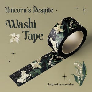 Unicorn's Respijt washitape, schattige eenhoorn en leliebloemen washitape, stationaire washitape, journaling