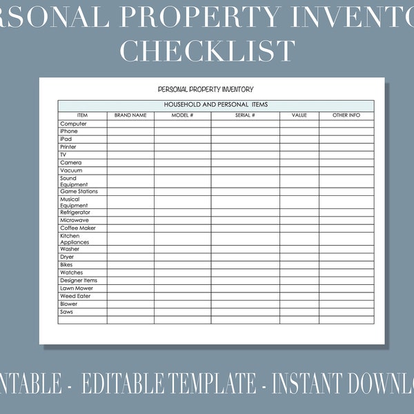 Editable Personal Property Inventory Tracker - Instant Download - Editable - PDF