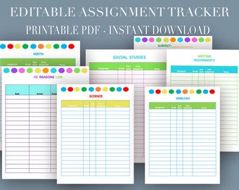 Editable Printable Assignment Tracker- Assignment Planner Homework-Homework Due Log - Instant Download - Printable