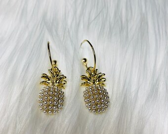 Ananas Pearl Fruit Dangling Boucles d’oreilles Blanches et Or