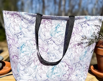 Little Mermaid Canvas Tote: Ariel & Flounder Sketch Fabric