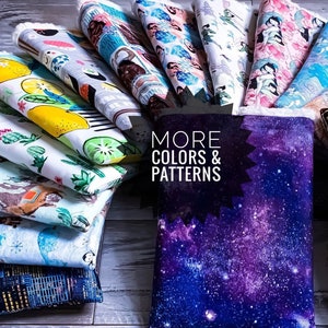 May include: A selection of colourful fabric swatches featuring various patterns, including lemons, cacti, and a galaxy print. The text "MORE COLORS & PATTERNS" is displayed in a black circle.
