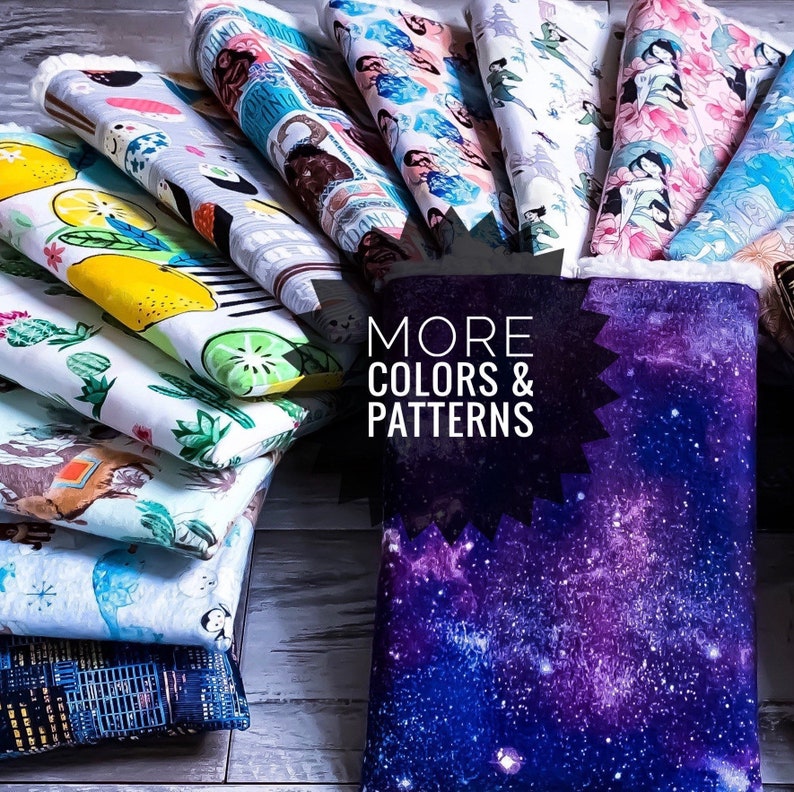 May include: A selection of colourful fabric swatches featuring various patterns, including lemons, cacti, and a galaxy print. The text "MORE COLORS & PATTERNS" is displayed in a black circle.