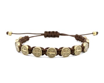 Handmade St Benedict Medal Bracelet – Old Gold Tone, Adjustable Catholic Jewelry