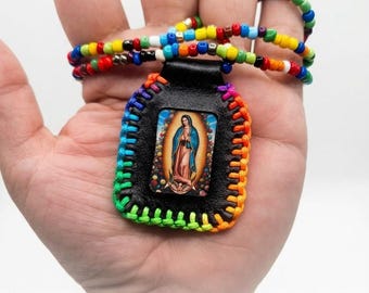 Handmade Leather Virgen de Guadalupe Escapulario Necklace, Macrame Beaded Cord