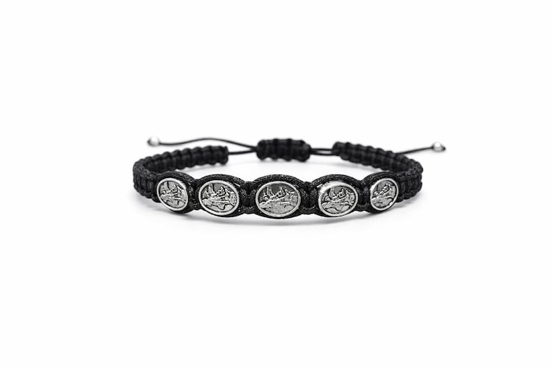 Michael Archangel Bracelet – Fine Macrame – 5 Medals – Adjustable Unisex – 18 Colors Black