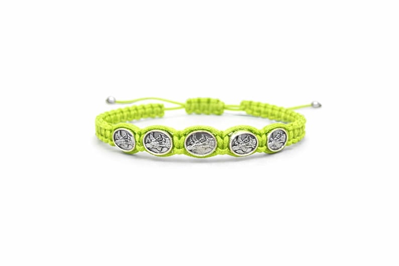 Michael Archangel Bracelet – Fine Macrame – 5 Medals – Adjustable Unisex – 18 Colors Green Neon