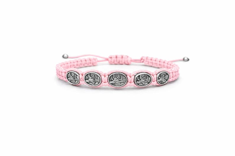 Michael Archangel Bracelet – Fine Macrame – 5 Medals – Adjustable Unisex – 18 Colors Pink