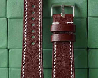Correa de reloj de piel de becerro color burdeos - Correas de reloj de piel hechas a mano LEACUS