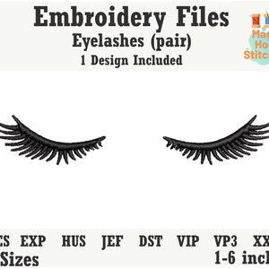 May include: Black embroidered eyelashes design. The text "Embroidery Files Eyelashes (pair) 1 Design Included" is displayed above the eyelashes. The design is available in 11 sizes, ranging from 1 to 6 inches.