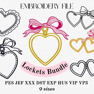 Paquete de bordado de medallón de corazón con lazo coqueto, marco de monograma de medallón de cinta de San Valentín, marco de corazón con volantes dst, descarga instantánea